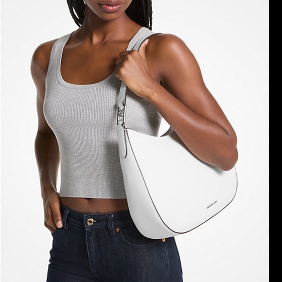 Michael KORS Kensington Large Pebbled Leather Hobo Shoulder Bag WHITE - Picture 2 of 14